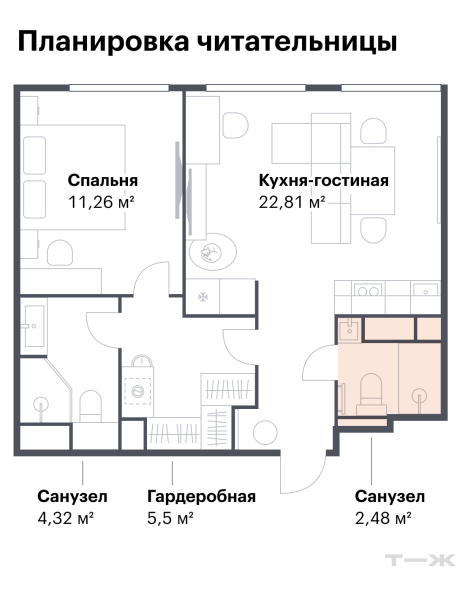 Как вписать унитаз в санузел 2,5 м²​ и сделать кухню-гостиную с рабочим местом